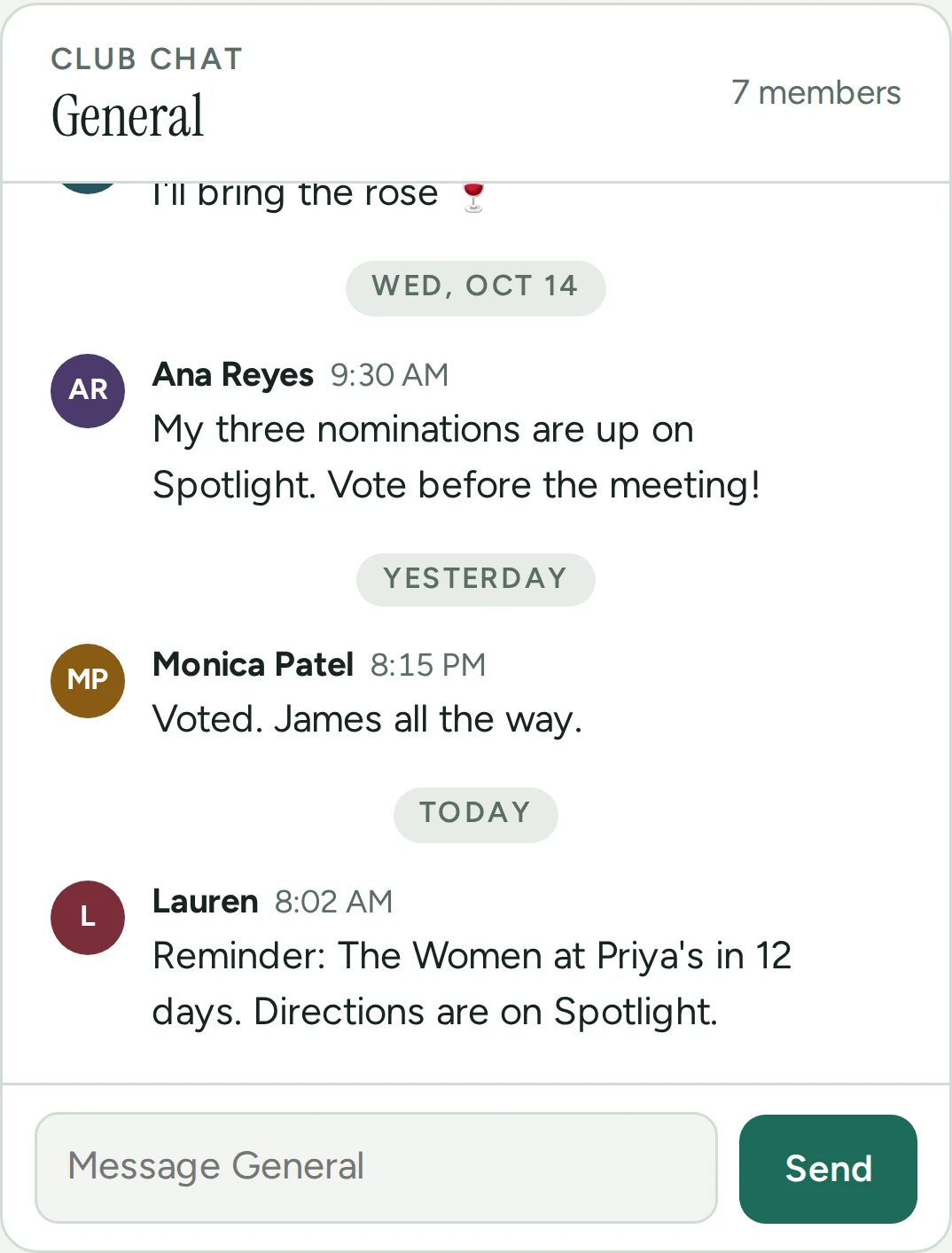 Club chat on a phone with messages about nominations and the next meeting