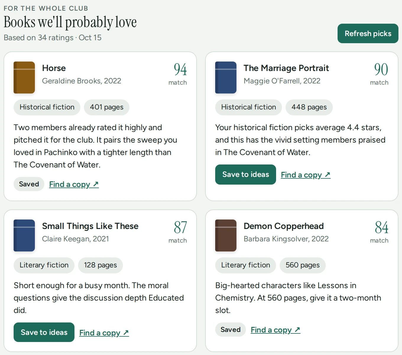 The Picks tab: suggested books with a match score and a reason based on how the club rated past books